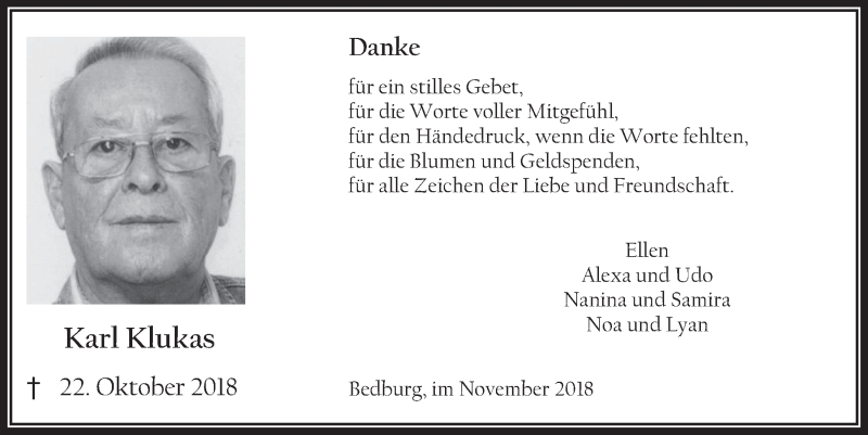  Traueranzeige für Karl Klukas vom 14.11.2018 aus  Werbepost 