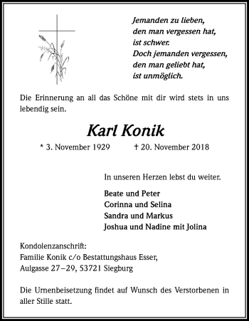 Anzeige von Karl Konik von Kölner Stadt-Anzeiger / Kölnische Rundschau / Express