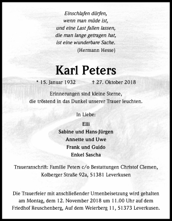 Anzeige von Karl Peters von Kölner Stadt-Anzeiger / Kölnische Rundschau / Express