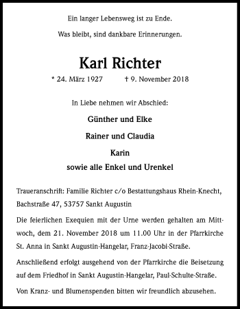 Anzeige von Karl Richter von Kölner Stadt-Anzeiger / Kölnische Rundschau / Express