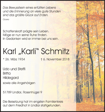 Anzeige von Karl Schmitz von Kölner Stadt-Anzeiger / Kölnische Rundschau / Express