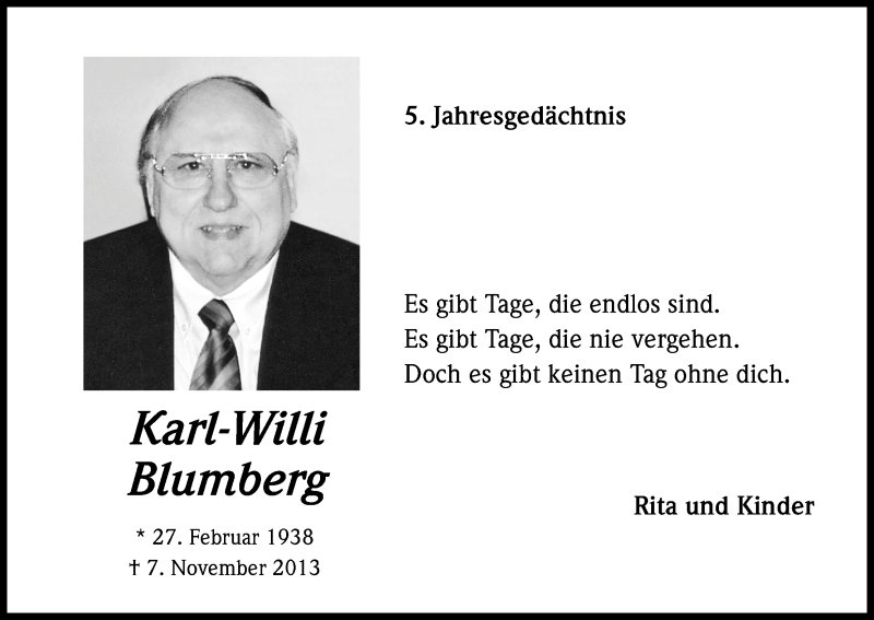 Traueranzeige für Karl-Willi Blumberg vom 07.11.2018 aus Kölner Stadt-Anzeiger / Kölnische Rundschau / Express