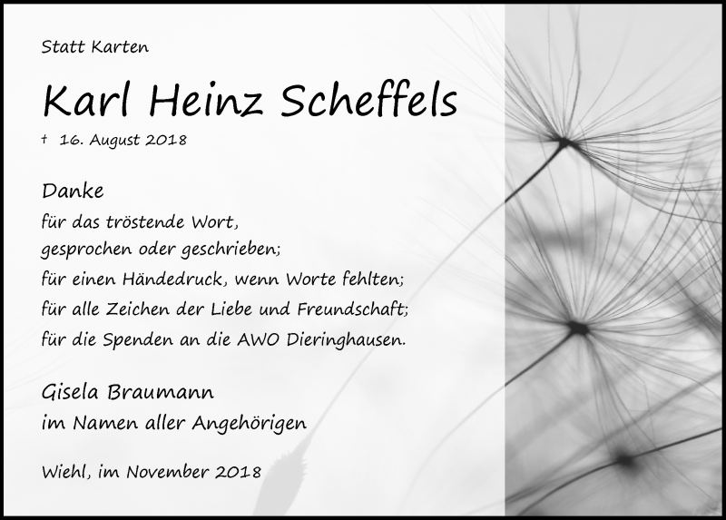  Traueranzeige für Karl Heinz Scheffels vom 07.11.2018 aus  Anzeigen Echo 