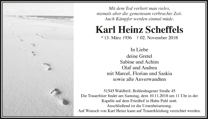  Traueranzeige für Karl Heinz Scheffels vom 07.11.2018 aus  Lokalanzeiger 