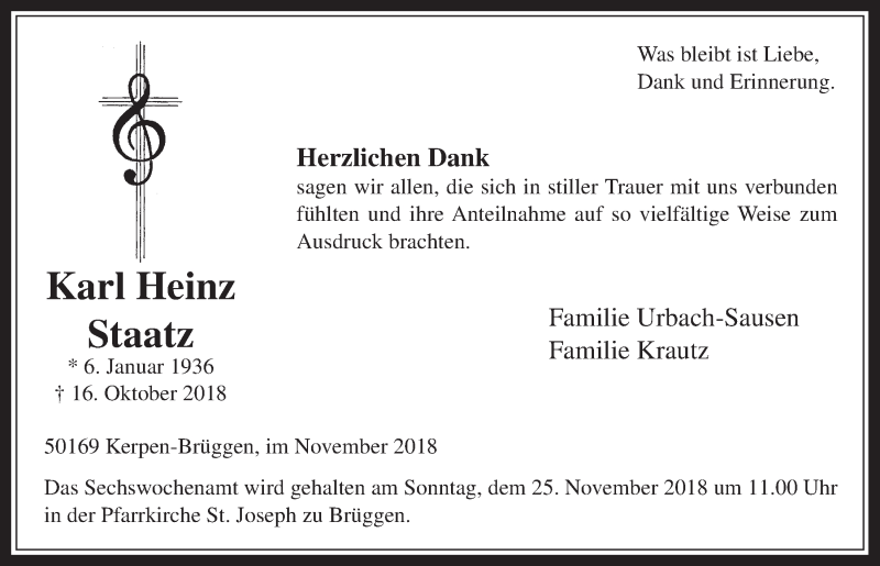  Traueranzeige für Karl Heinz Staatz vom 21.11.2018 aus  Werbepost 