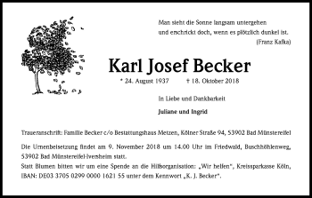 Anzeige von Karl Josef Becker von Kölner Stadt-Anzeiger / Kölnische Rundschau / Express