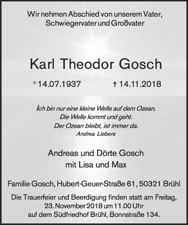  Traueranzeige für Karl Theodor Gosch vom 21.11.2018 aus  Schlossbote/Werbekurier 