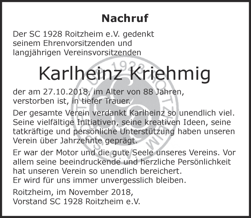  Traueranzeige für Karlheinz Kriehmig vom 17.11.2018 aus  Blickpunkt Euskirchen 