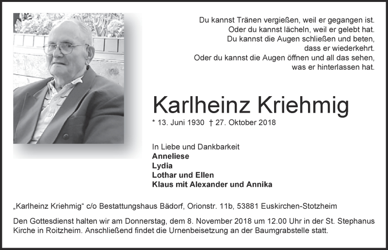  Traueranzeige für Karlheinz Kriehmig vom 03.11.2018 aus  Blickpunkt Euskirchen 