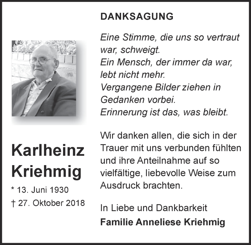  Traueranzeige für Karlheinz Kriehmig vom 01.12.2018 aus  Blickpunkt Euskirchen 