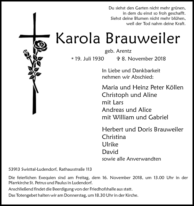  Traueranzeige für Karola Brauweiler vom 14.11.2018 aus Kölner Stadt-Anzeiger / Kölnische Rundschau / Express