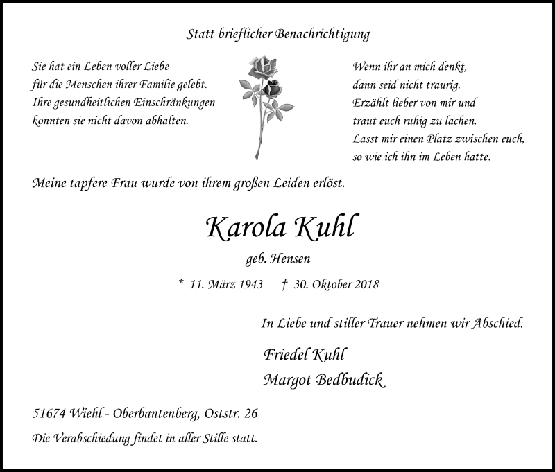  Traueranzeige für Karola Kuhl vom 03.11.2018 aus Kölner Stadt-Anzeiger / Kölnische Rundschau / Express