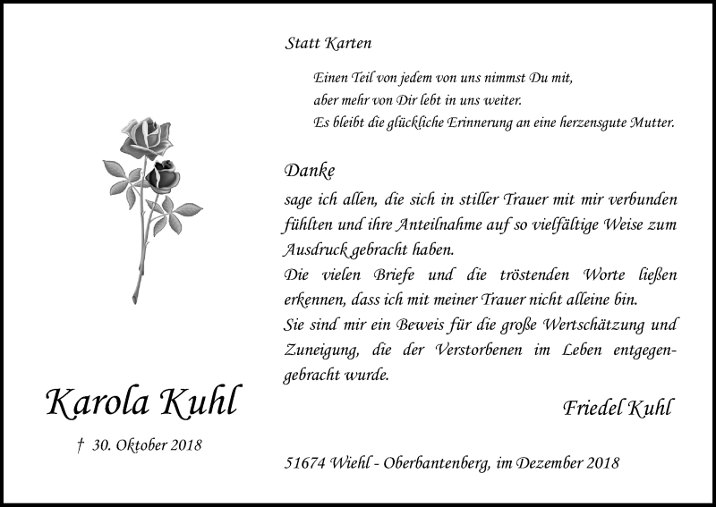 Traueranzeige für Karola Kuhl vom 01.12.2018 aus Kölner Stadt-Anzeiger / Kölnische Rundschau / Express