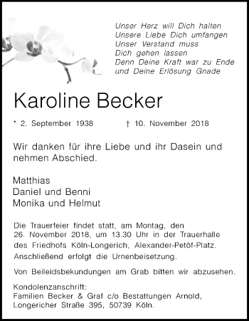 Anzeige von Karoline Becker von Kölner Stadt-Anzeiger / Kölnische Rundschau / Express