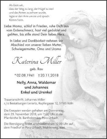 Anzeige von Katerina Miller von  Kölner Wochenspiegel 