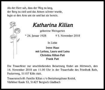 Anzeige von Katharina Kilian von Kölner Stadt-Anzeiger / Kölnische Rundschau / Express