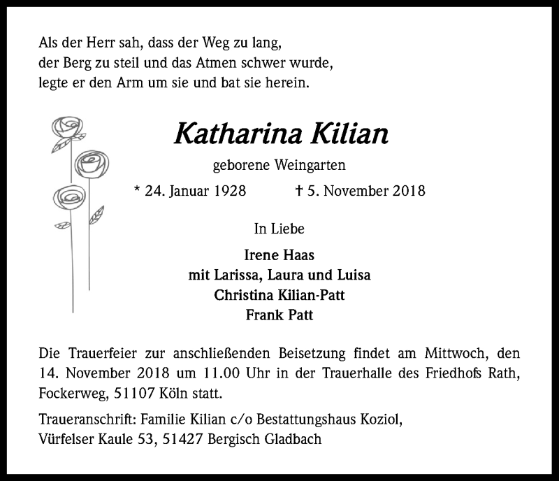  Traueranzeige für Katharina Kilian vom 10.11.2018 aus Kölner Stadt-Anzeiger / Kölnische Rundschau / Express