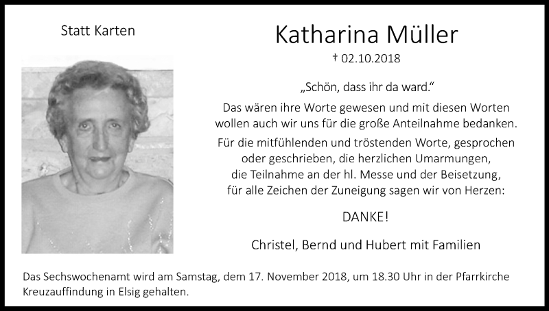 Traueranzeige für Katharina Müller vom 13.11.2018 aus Kölner Stadt-Anzeiger / Kölnische Rundschau / Express