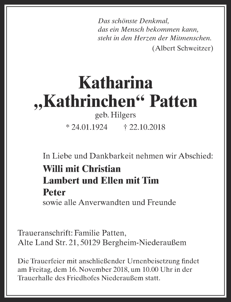  Traueranzeige für Katharina Patten vom 14.11.2018 aus  Werbepost 