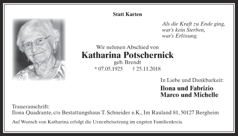  Traueranzeige für Katharina Potschernick vom 28.11.2018 aus  Werbepost 