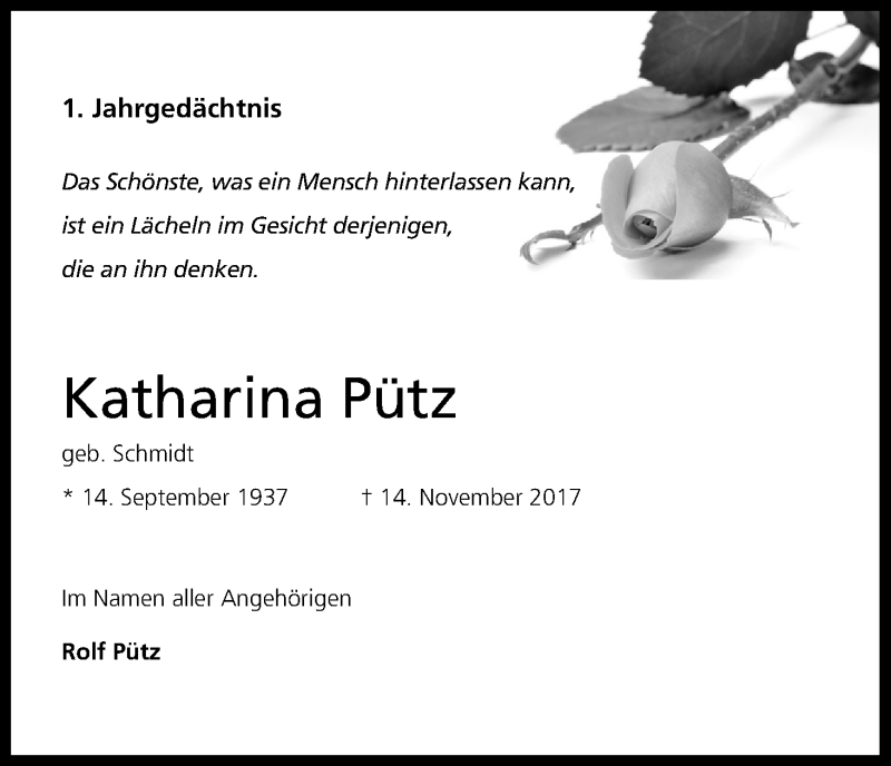  Traueranzeige für Katharina Pütz vom 14.11.2018 aus Kölner Stadt-Anzeiger / Kölnische Rundschau / Express