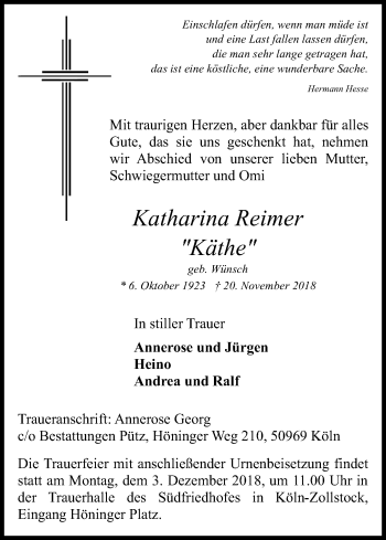 Anzeige von Katharina Reimer von Kölner Stadt-Anzeiger / Kölnische Rundschau / Express