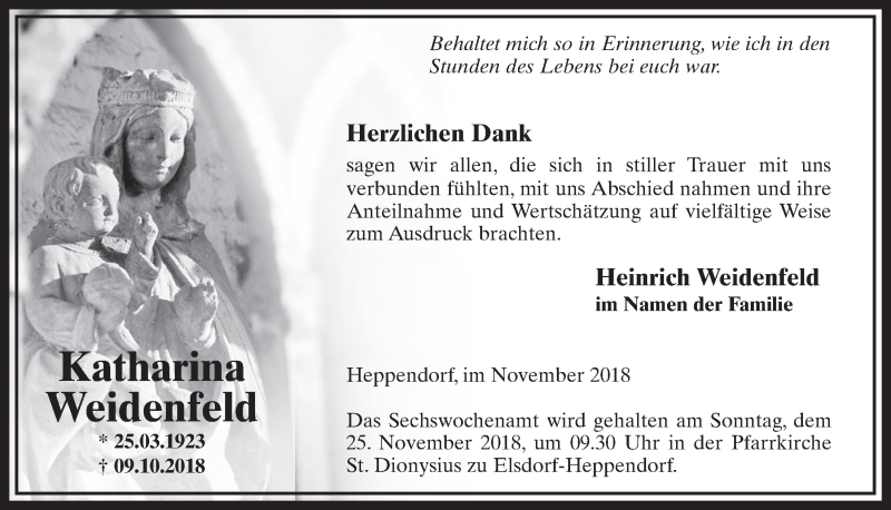 Traueranzeige für Katharina Weidenfeld vom 17.11.2018 aus  Sonntags-Post 