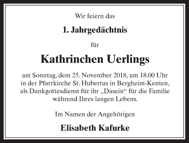  Traueranzeige für Kathrinchen Uerlings vom 21.11.2018 aus  Werbepost 