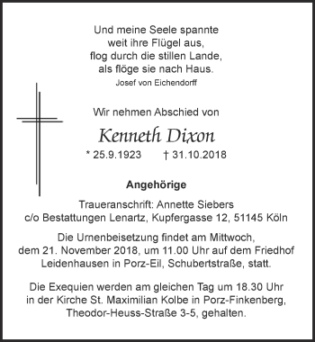 Anzeige von Kenneth Dixon von  Kölner Wochenspiegel 