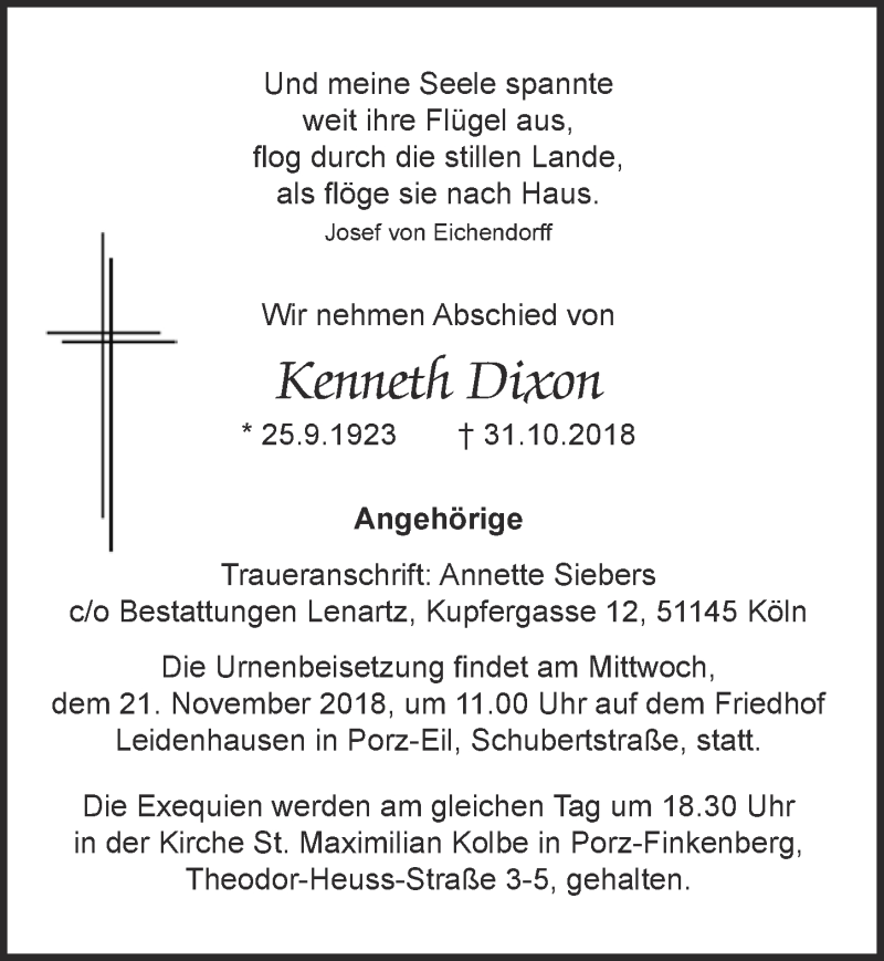  Traueranzeige für Kenneth Dixon vom 14.11.2018 aus  Kölner Wochenspiegel 