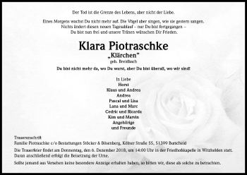 Anzeige von Klara Piotraschke von Kölner Stadt-Anzeiger / Kölnische Rundschau / Express