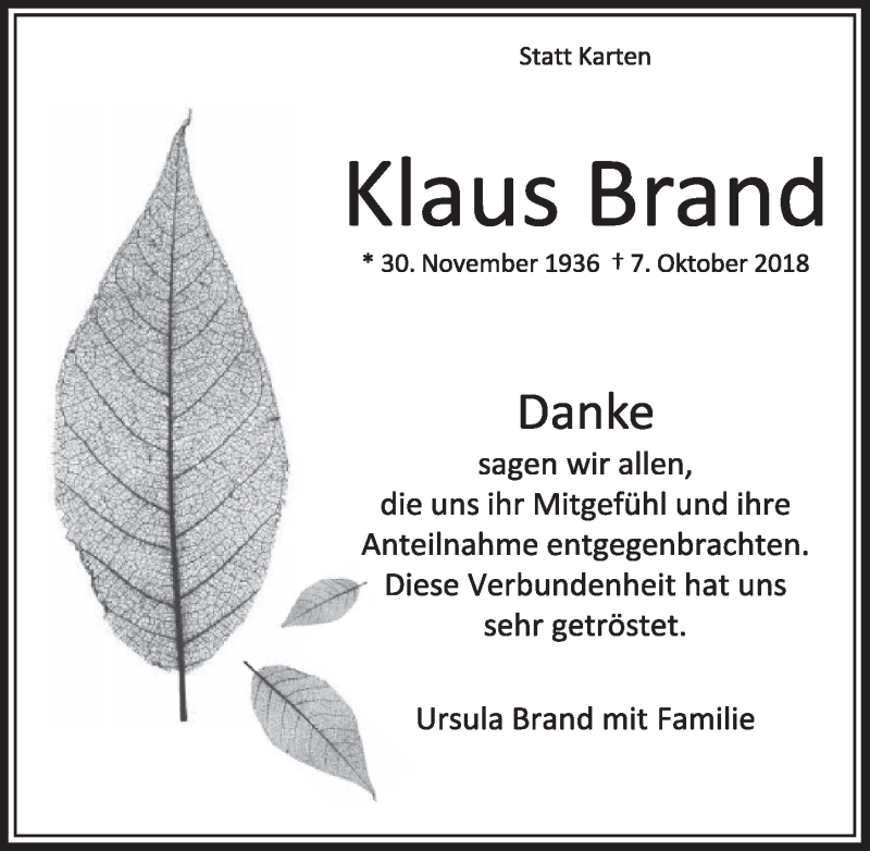  Traueranzeige für Klaus Brand vom 24.11.2018 aus  Sonntags-Post 