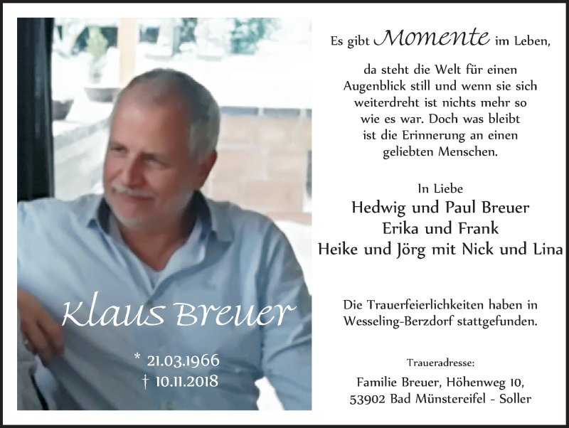  Traueranzeige für Klaus Breuer vom 24.11.2018 aus  Blickpunkt Euskirchen 