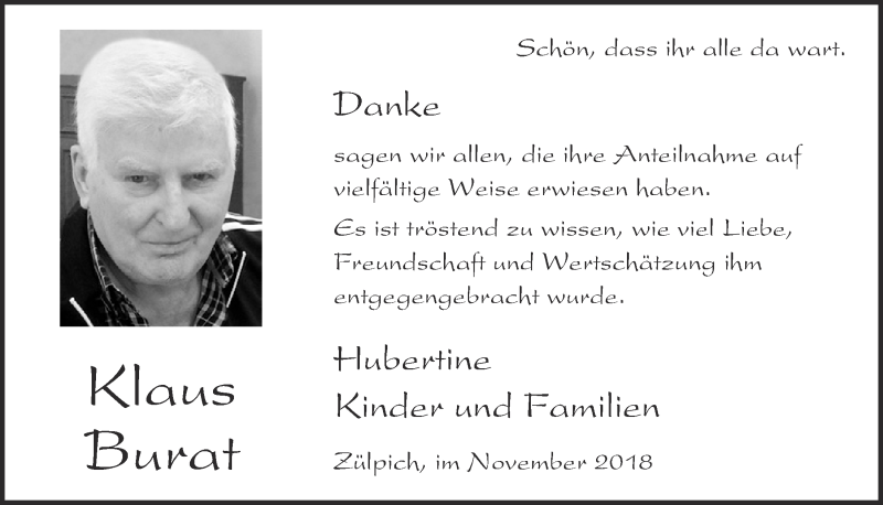  Traueranzeige für Klaus Burat vom 03.11.2018 aus  Blickpunkt Euskirchen 
