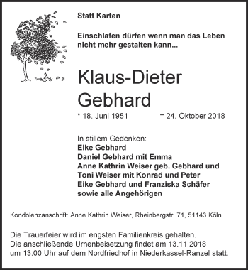 Anzeige von Klaus-Dieter Gebhard von  Kölner Wochenspiegel 