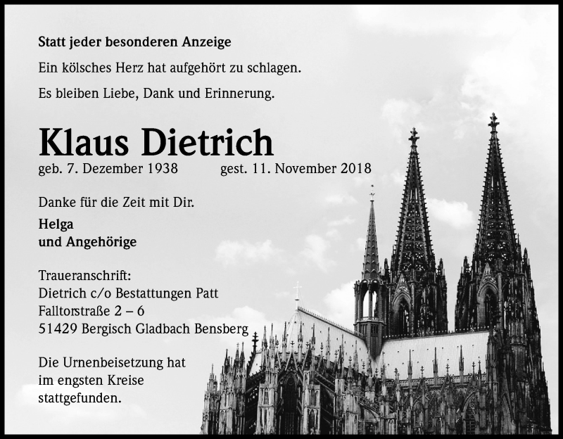  Traueranzeige für Klaus Dietrich vom 24.11.2018 aus Kölner Stadt-Anzeiger / Kölnische Rundschau / Express