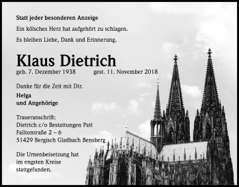 Anzeige von Klaus Dietrich von Kölner Stadt-Anzeiger / Kölnische Rundschau / Express