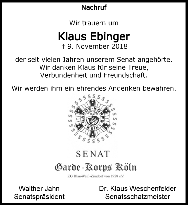  Traueranzeige für Klaus Ebinger vom 28.11.2018 aus  Kölner Wochenspiegel 