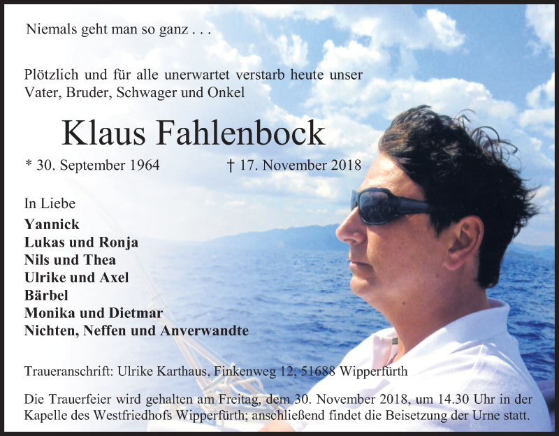  Traueranzeige für Klaus Fahlenbock vom 24.11.2018 aus Kölner Stadt-Anzeiger / Kölnische Rundschau / Express