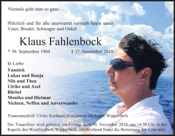 Anzeige von Klaus Fahlenbock von Kölner Stadt-Anzeiger / Kölnische Rundschau / Express