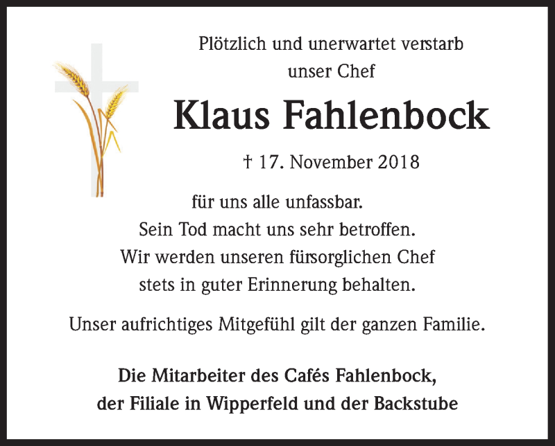 Traueranzeige für Klaus Fahlenbock vom 24.11.2018 aus Kölner Stadt-Anzeiger / Kölnische Rundschau / Express
