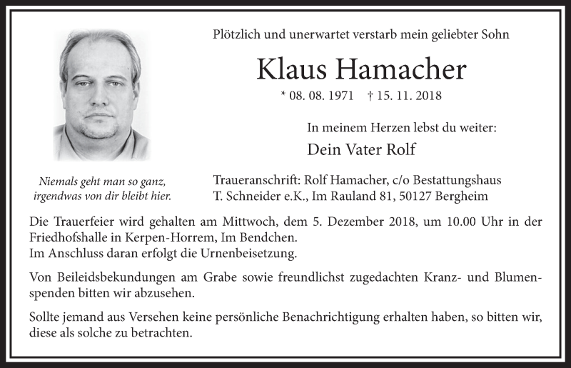  Traueranzeige für Klaus Hamacher vom 01.12.2018 aus  Sonntags-Post 