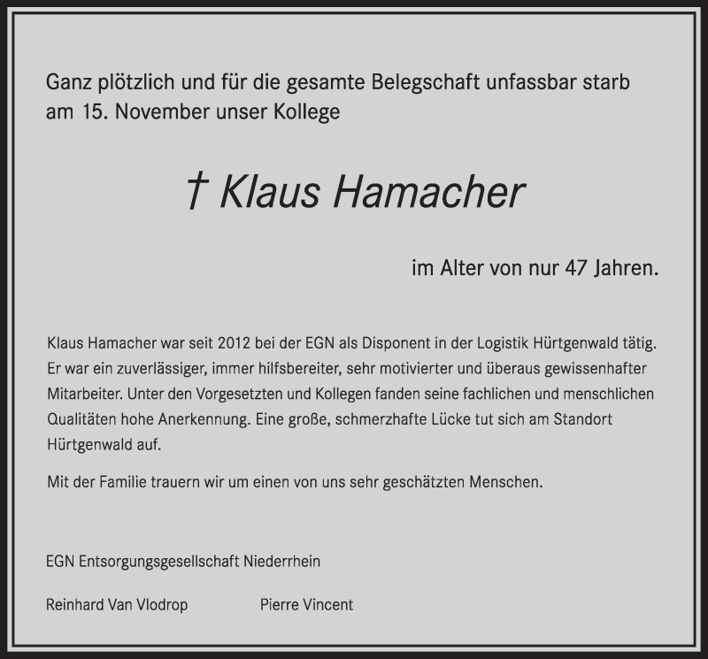  Traueranzeige für Klaus Hamacher vom 24.11.2018 aus  Sonntags-Post 