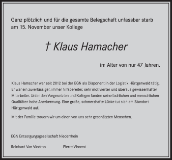 Anzeige von Klaus Hamacher von  Sonntags-Post 