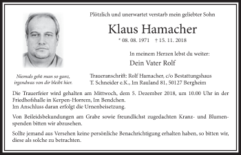 Anzeige von Klaus Hamacher von  Sonntags-Post 