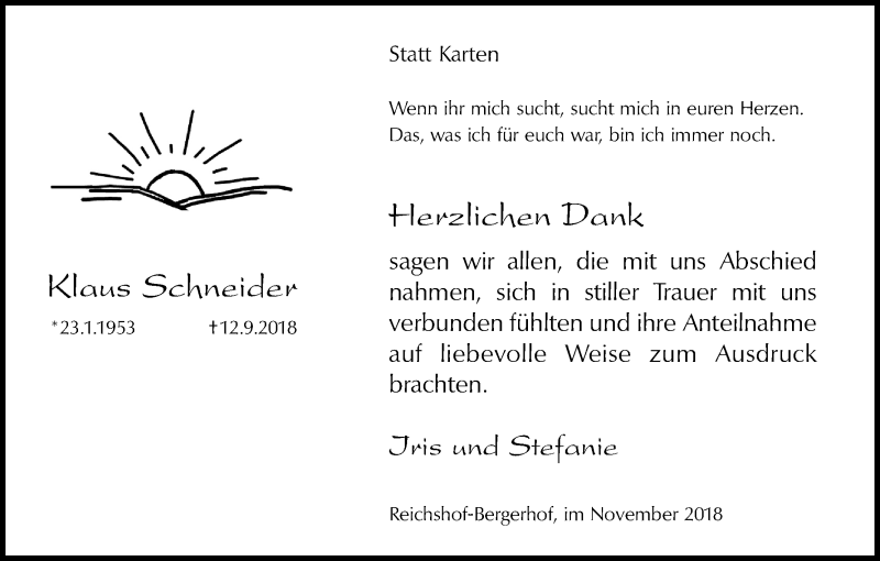  Traueranzeige für Klaus Schneider vom 03.11.2018 aus Kölner Stadt-Anzeiger / Kölnische Rundschau / Express