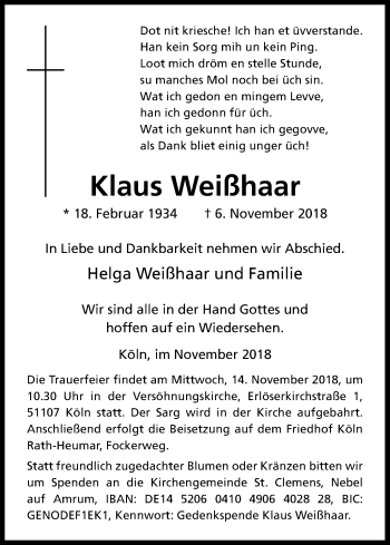 Anzeige von Klaus Weißhaar von Kölner Stadt-Anzeiger / Kölnische Rundschau / Express
