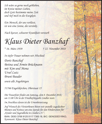 Anzeige von Klaus Dieter Banzhaf von Kölner Stadt-Anzeiger / Kölnische Rundschau / Express
