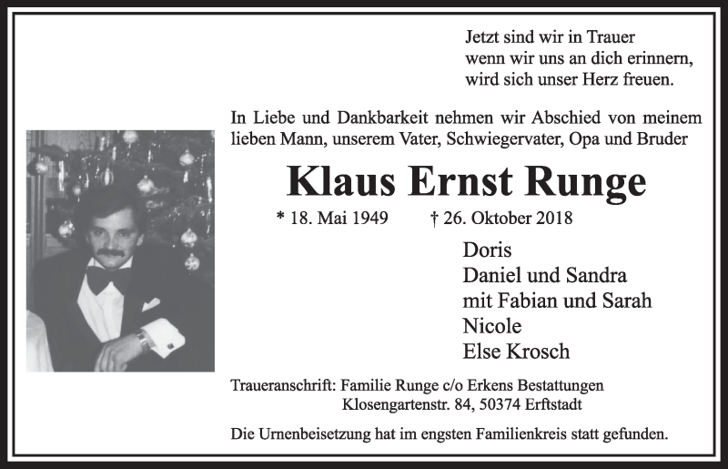  Traueranzeige für Klaus Ernst Runge vom 24.11.2018 aus  Sonntags-Post 