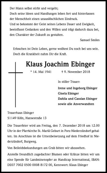 Anzeige von Klaus Joachim Ebinger von Kölner Stadt-Anzeiger / Kölnische Rundschau / Express